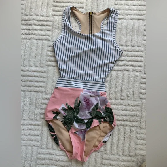 Albion Island Fever One Piece Swimsuit - Blue / White Stripe & Pink Floral - Picture 6 of 10